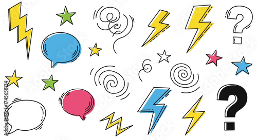 Hand drawn elements comic doodle set with question marks stars lightnings and speech bubbles