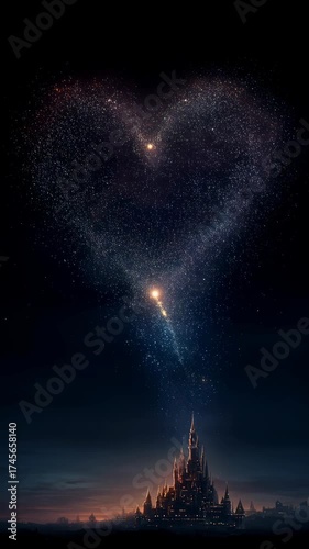 A beautifully designed castle under a starry sky, with a heart shape formed by cosmic elements, evoking feelings of love and wonder, perfect for romantic and inspirational themes.