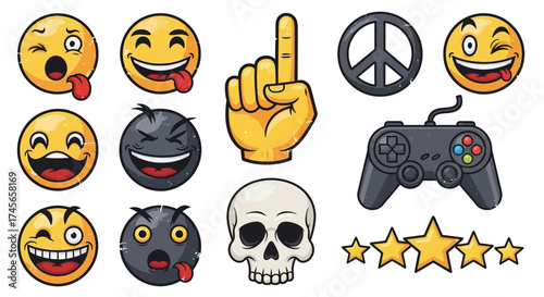 Diverse collection of cartoon icons featuring emojis hand gesture skull peace sign controller