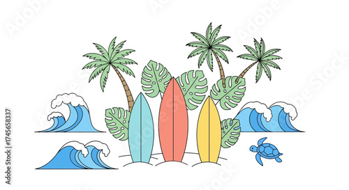 Vibrant tropical illustration featuring surfboards palms waves and a sea turtle perfect for summer