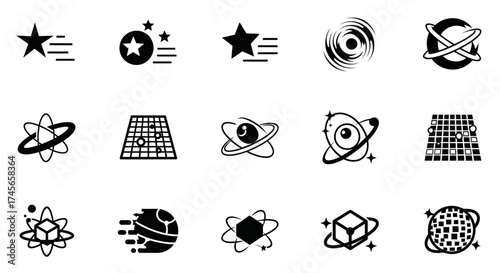 Collection of minimalist vector space and science icons featuring stars planets and physics