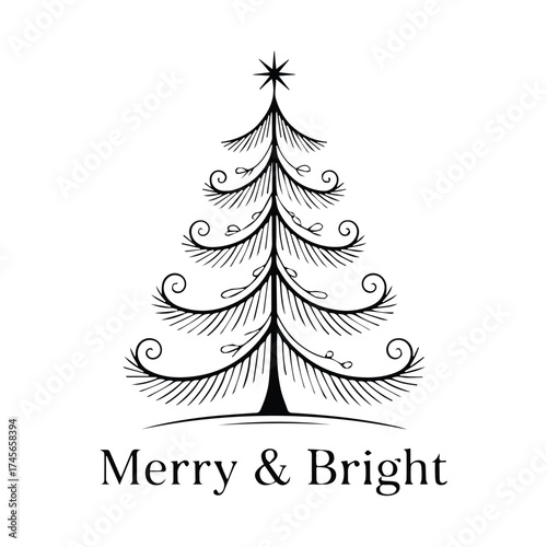 Whimsical hand drawn christmas tree with merry and bright text in black and white