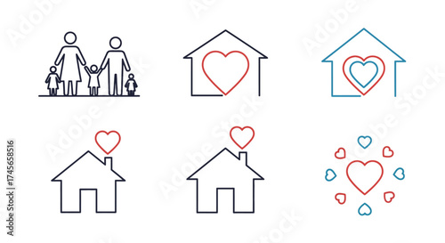 Illustration collection presenting family and home with love symbols, in simple line art designs