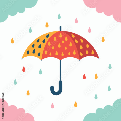 Stylized Umbrella Surrounded by Colorful Raindrops and Clouds Bringing a Cheerful Weather Vibe