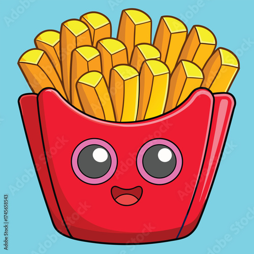 Vector art of cute french fries cartoon character in red box on a blue background