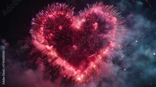 A mesmerizing display of fireworks forming a heart shape, emitting vibrant purple hues