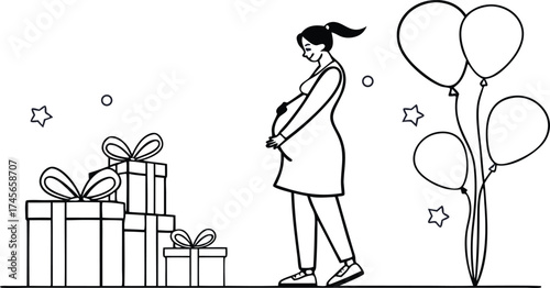 Expecting joy! Pregnant woman surrounded by gifts and balloons, celebrates new life, family, and the miracle of motherhood in heartfelt anticipation