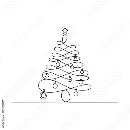 Elegant continuous line drawing of a christmas tree with ornaments and star