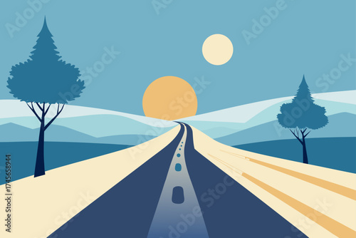 A winding road or highway cuts through a dramatic landscape of mountains and desert, extending straight toward the horizon under an expansive sky with drifting clouds
