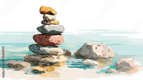 Tranquil Beach Scene with Zen Stones, Stacked Rocks, and Calm Water
