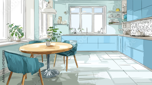 Modern Blue Kitchen Interior with Round Wooden Table Vector