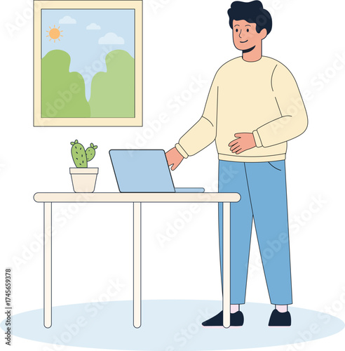  Young Man Working Standing Up Casual Remote Work on Laptop