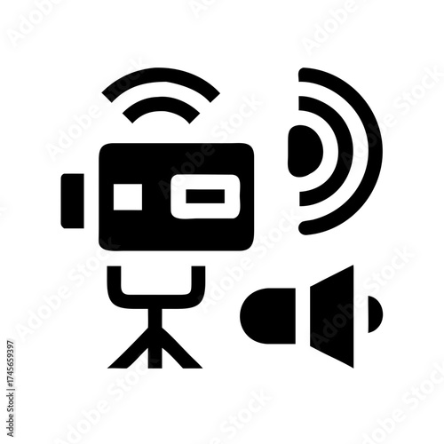 Live streaming setup with camera, tripod, speaker, and wireless signal