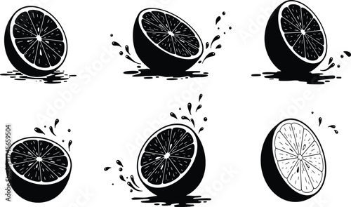 Citrus fruit splash, orange slice illustration, grapefruit half vector, juicy tropical design, fresh healthy food artwork, citrus segment drawing, refreshing fruit symbol