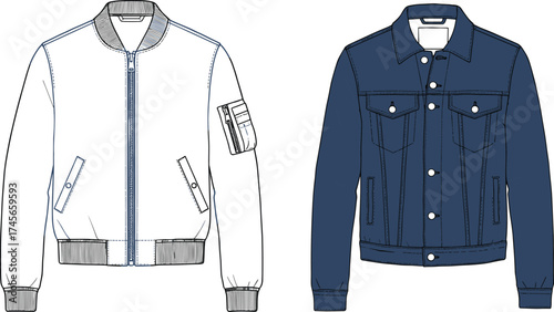 Jacket, bomber jacket, denim jacket, fashion jacket, stylish jacket, men’s jacket, women’s jacket, lifestyle outerwear, apparel design, garment illustration