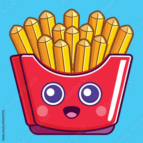 Vector art of cute french fries cartoon character in a red box against a blue background