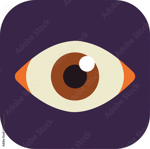 Close-up portrait of a human eye with dark brown iris and cream-colored sclera on a dark purple background