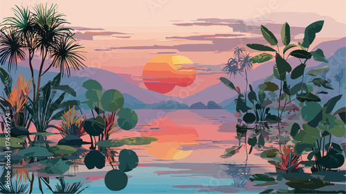 Tranquil Sunset Landscape with Exotic Plants, Serene Water, and Artistic Elements