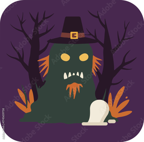 Halloween illustration of a humanoid figure with glowing eyes wearing a black witch's hat and a white tombstone in the foreground