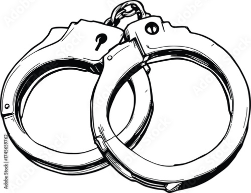 Handcuffs Silhouette Vector Featuring Detailed Locking Mechanism and Chain in Black Line Art for Security and Justice Themes