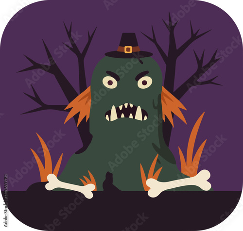Whimsical eerie creature with witch's hat, tree branches, and bones on purple background