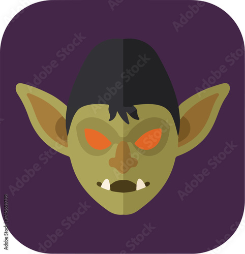 Fantastical creature with pointed ears, red eyes, and a dark hat on a purple background