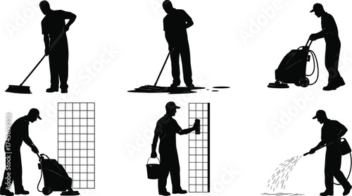 Cleaning workers janitorial staff silhouettes, sweeping floor, mopping surface, washing wall, spraying water, floor machine operator, sanitation hygiene, cad drawing flat vector illustration