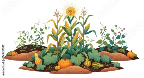 illustration of three sisters companion planting with corn, beans, and squash growing together. this symbolizes sustainable agriculture, harvest, and autumn abundance. thanksgiving concept. web banner