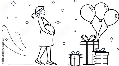 Expecting mother celebrating with gifts and balloons, a joyful anticipation of new life, perfect for baby shower invitations and announcements