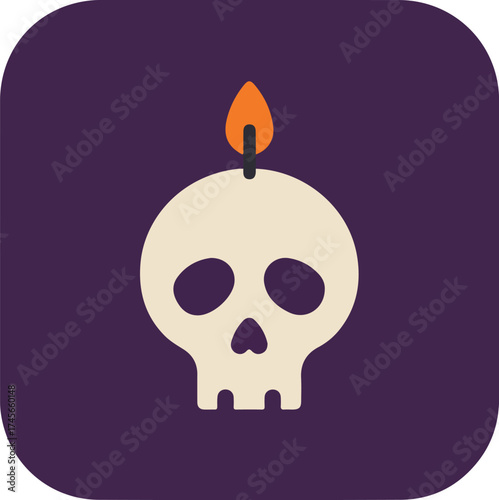 Minimalist still life with white stylized skull and lit candle on purple background
