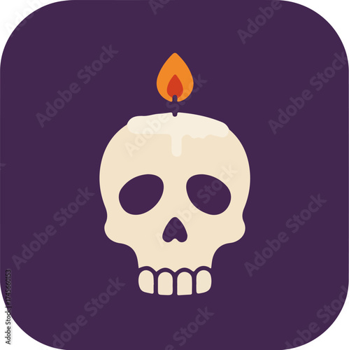 White stylized skull with a lit candle on top against a dark purple background