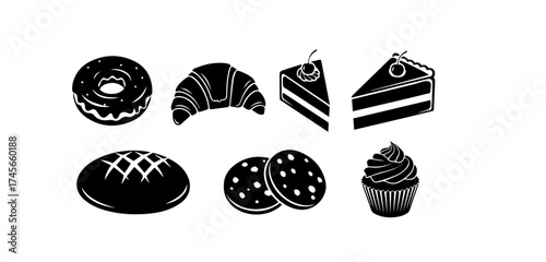 Black and white vector illustration of various bakery items including a donut croissant cake bread cookies and cupcake perfect for menus and designs