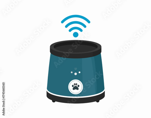 Smart pet feeder with Wi-Fi connectivity and paw print logo on a white background