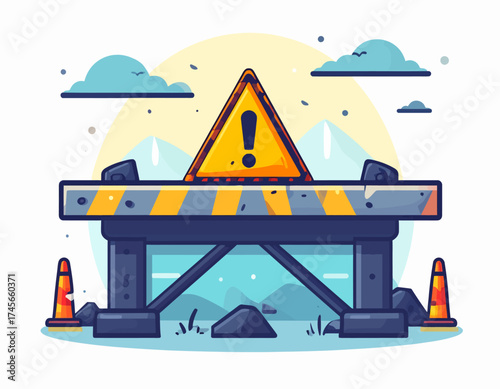 A cartoon illustration of a roadblock with a warning sign and traffic cones on a white background with a yellow sun and blue clouds