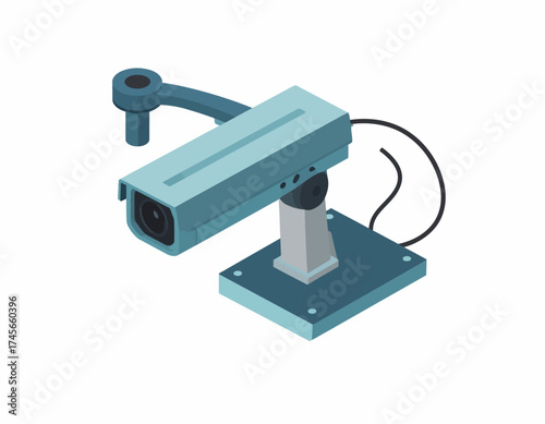 An isometric illustration of a blue security camera mounted on a bracket with a cable on a plain white background