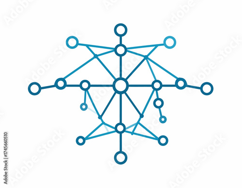 A blue network diagram with interconnected nodes and lines on a white background