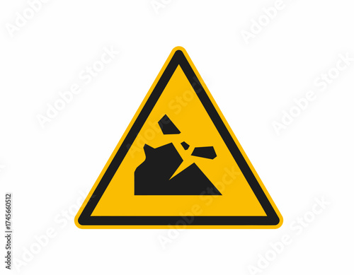 A yellow road sign with a black border and a black silhouette of a landslide on a white background