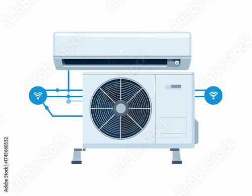 An air conditioner with labeled arrows pointing to its components on a white background