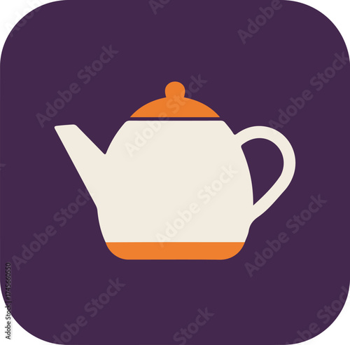 Sleek white teapot with orange handle and lid on deep purple background