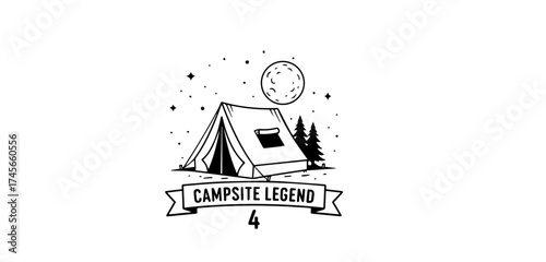 Campsite legend graphic features a tent under a moonlit sky with stars and pine trees perfect for outdoor adventure and camping themed designs and illustrations