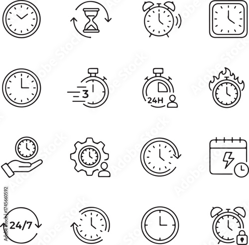 Time line icons set. Timer, alarm clock, wristwatch, smart watch, hourglass, schedule calendar vector illustration. Outline signs about notification.
