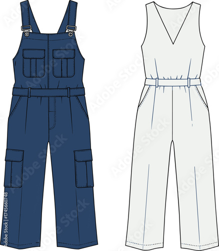 Jumpsuit, utility jumpsuit, fashion jumpsuit, workwear jumpsuit, sleeveless jumpsuit, women’s jumpsuit, men’s jumpsuit, apparel design, clothing template, garment illustration