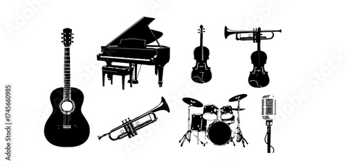 Black and white illustration showcasing various musical instruments including a guitar piano violin trumpet drums and microphone for music enthusiasts and designers