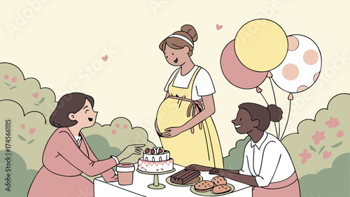 Joyful baby shower celebrating new life with friends, cake, and balloons in a garden setting, a sweet moment of anticipation and love