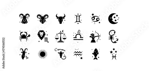 Collection of zodiac signs in black and white showcasing astrology symbols for horoscopes and astrological predictions with a celestial and mystical theme