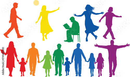 Colorful human silhouettes diversity, family unity, community lifestyle, people activities, inclusivity concept, gradient spectrum illustration, cad drawing flat vector illustration