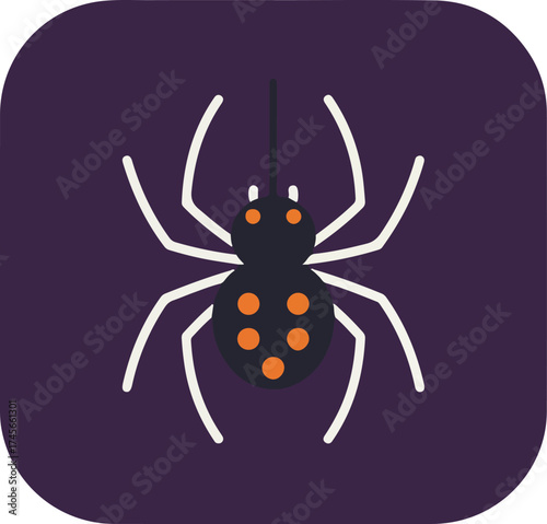 Minimalist illustration of a stylized spider with a black body and eight orange spots on a purple background