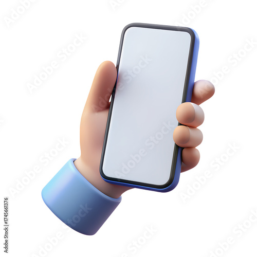 3D Business Hand Holding Smartphone with Blank Screen Isolated on Transparent Background for App