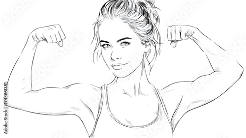 Strong Young Woman Showing Biceps Vector Illustration Isolated on White Background