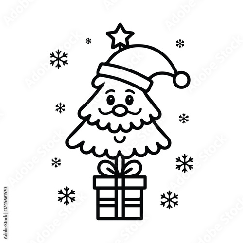 Whimsical christmas tree character with santa claus face and gift box outline